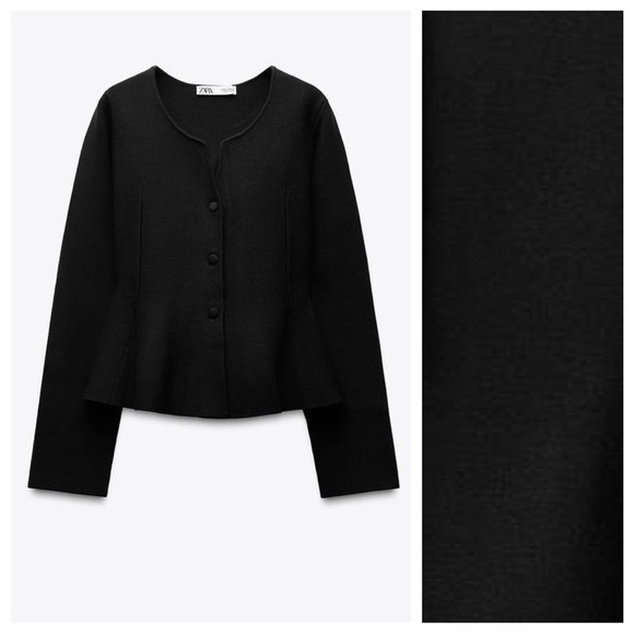 NWT. Zara Black Viscose Blend Peplum Knit Round Cardigan/Jacket. Size L. - Picture 4 of 8